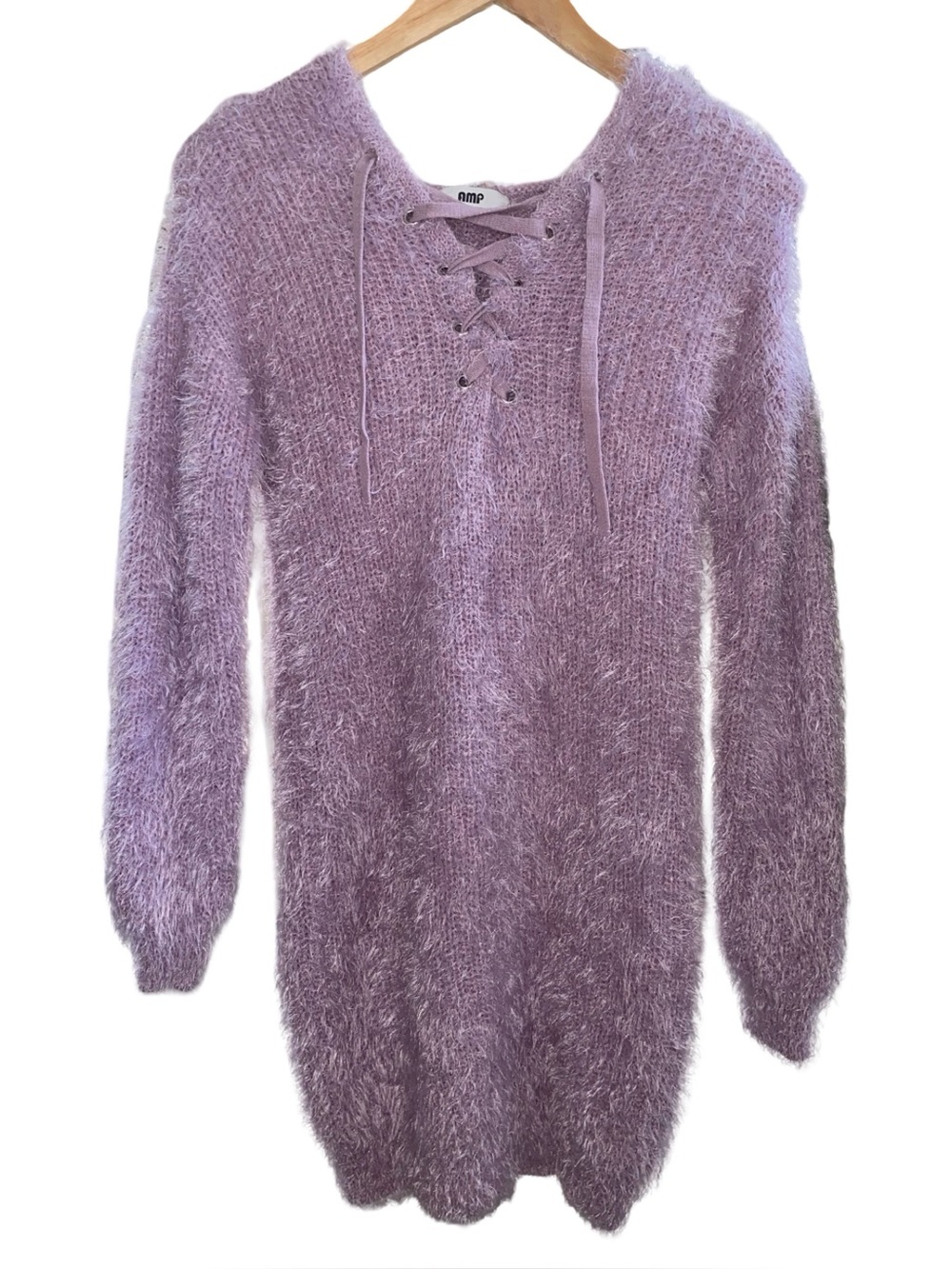 AMP super fuzzy lavender lace up hoodie sweater size small